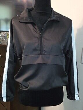 SHEIN Black & White Satin Finish Zip Up Top And Bottoms Set Athletic Wear Gym